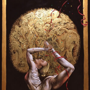 Carnaval des Animaux- naar Poen de Wijs (eitempera op paneel met polymentvergulden 25x45 cm) 2022  *NIET TE KOOP*